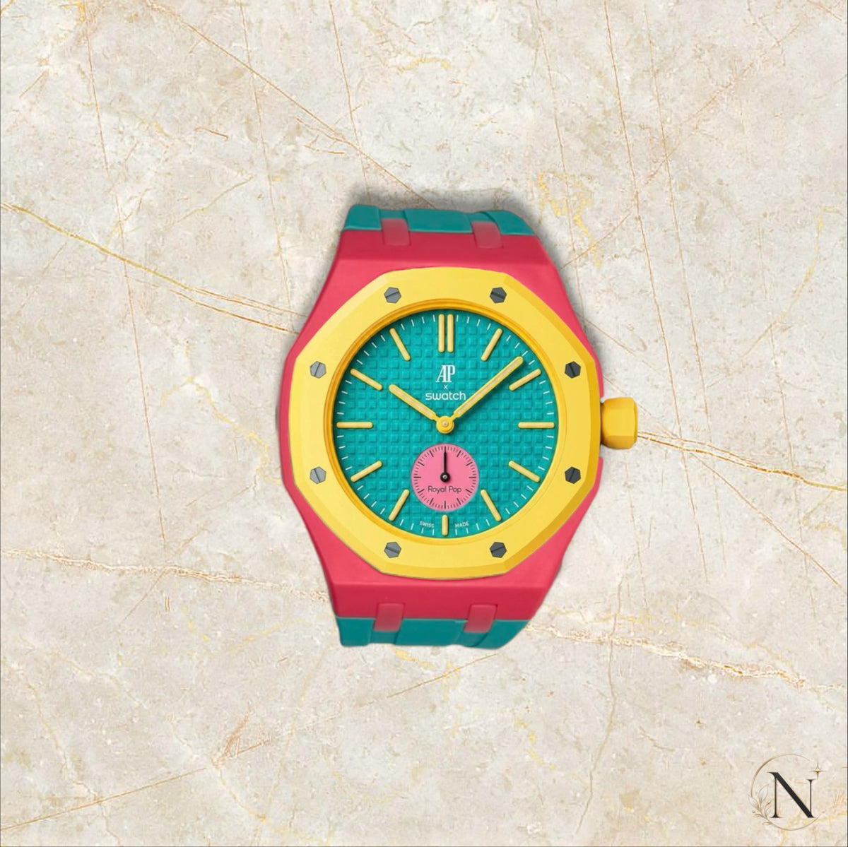 AP × Swatch ROYAL POP｜セラミック×ラバー ピンク×エメラルドグリーン｜3時モデル