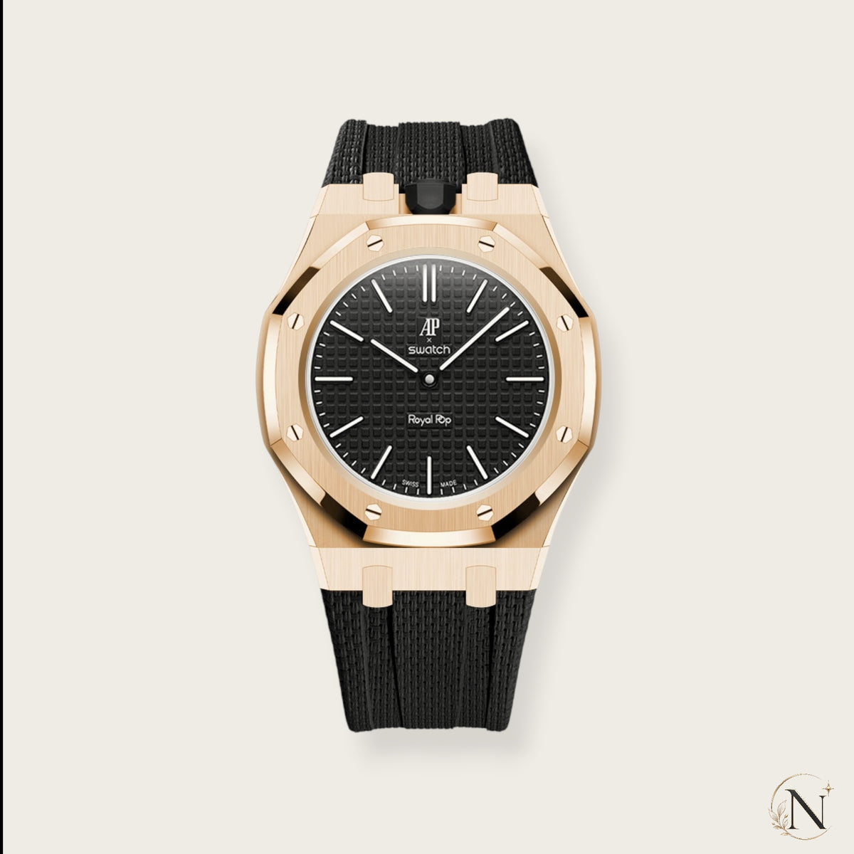 AP × Swatch ROYAL POP｜プレミアムステンレス×ラバー ローズゴールド×ブラック｜12時モデル