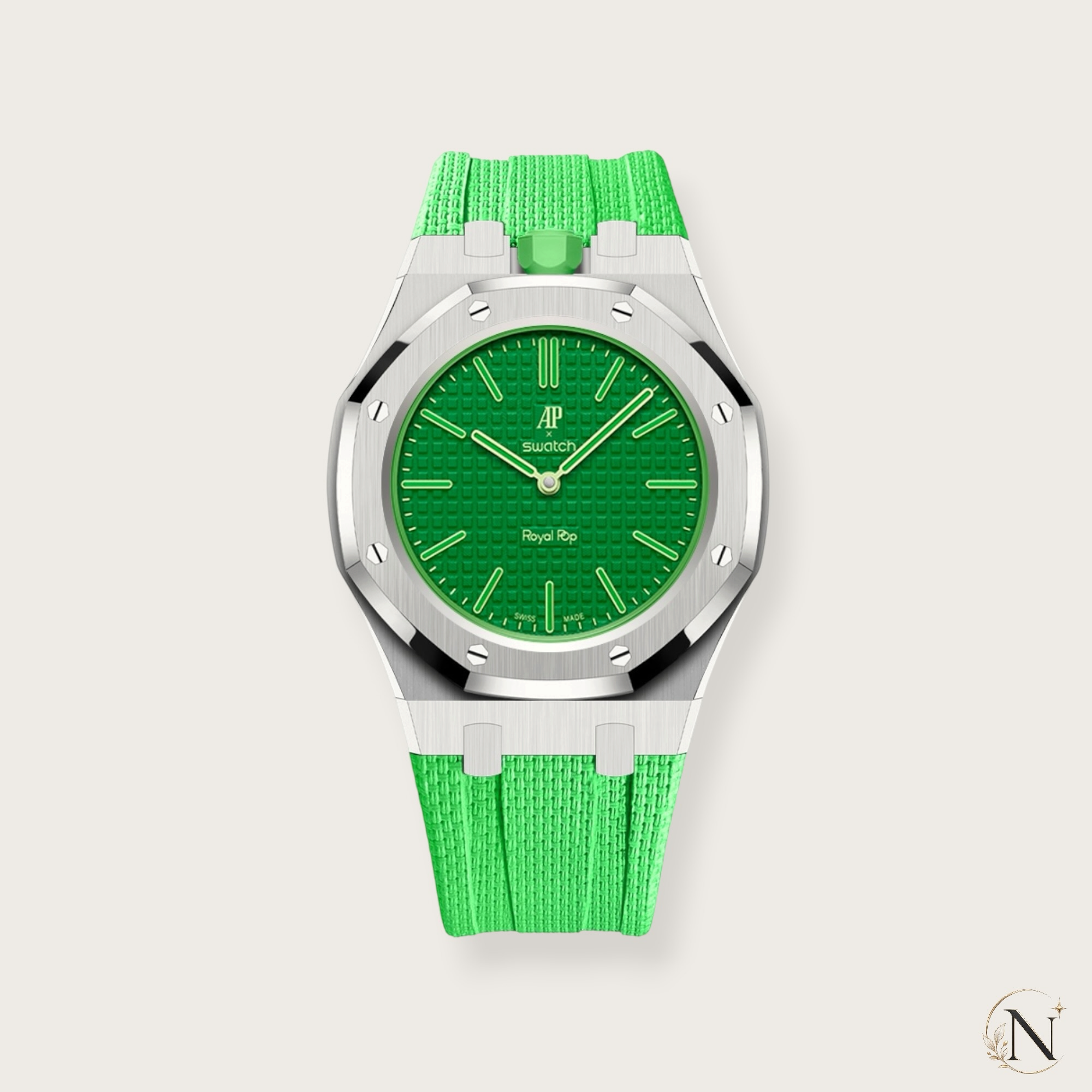 AP × Swatch ROYAL POP｜プレミアムステンレス×ラバー シルバー×グリーン｜12時モデル