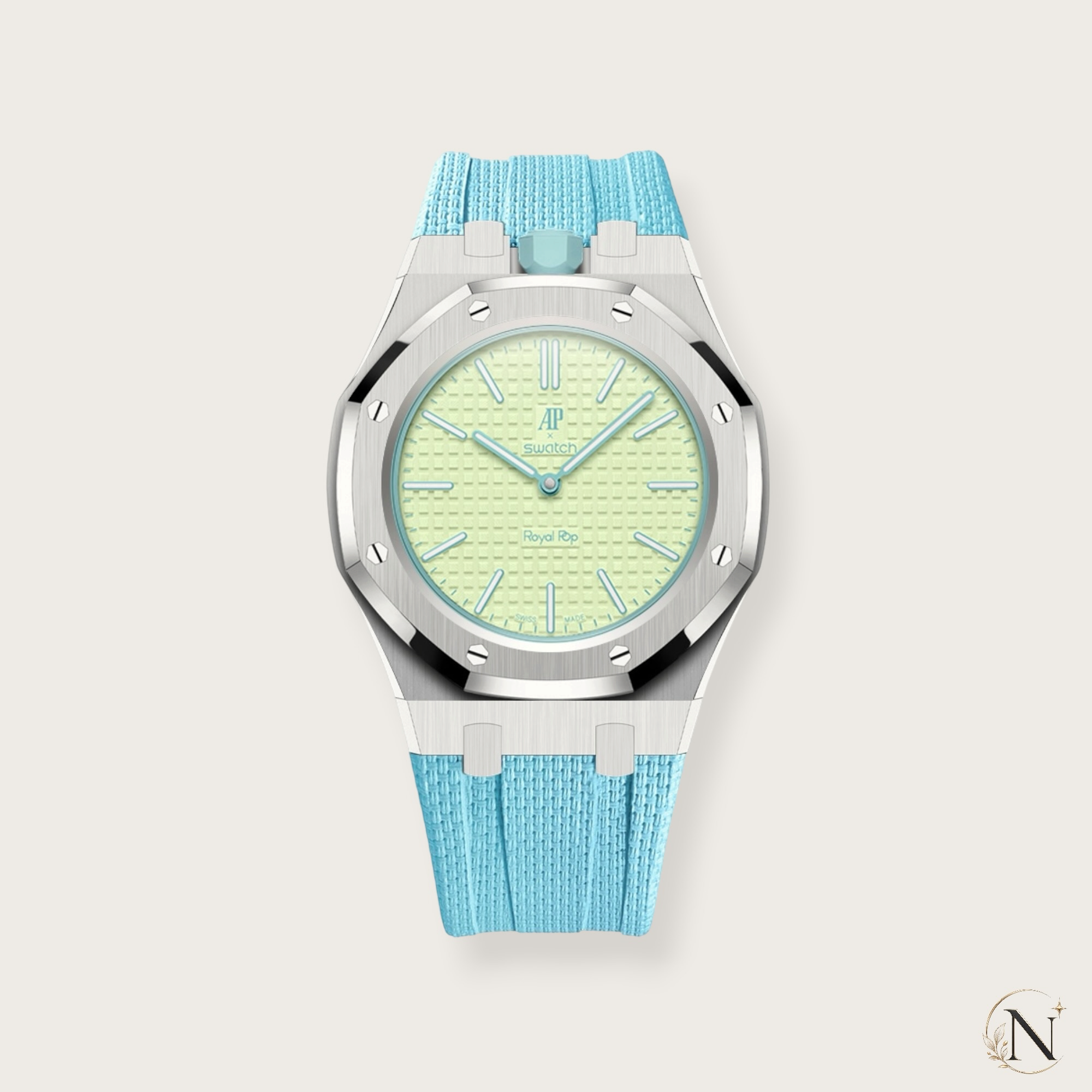AP × Swatch ROYAL POP｜プレミアムステンレス×ラバー シルバー×ターコイズブルー｜12時モデル