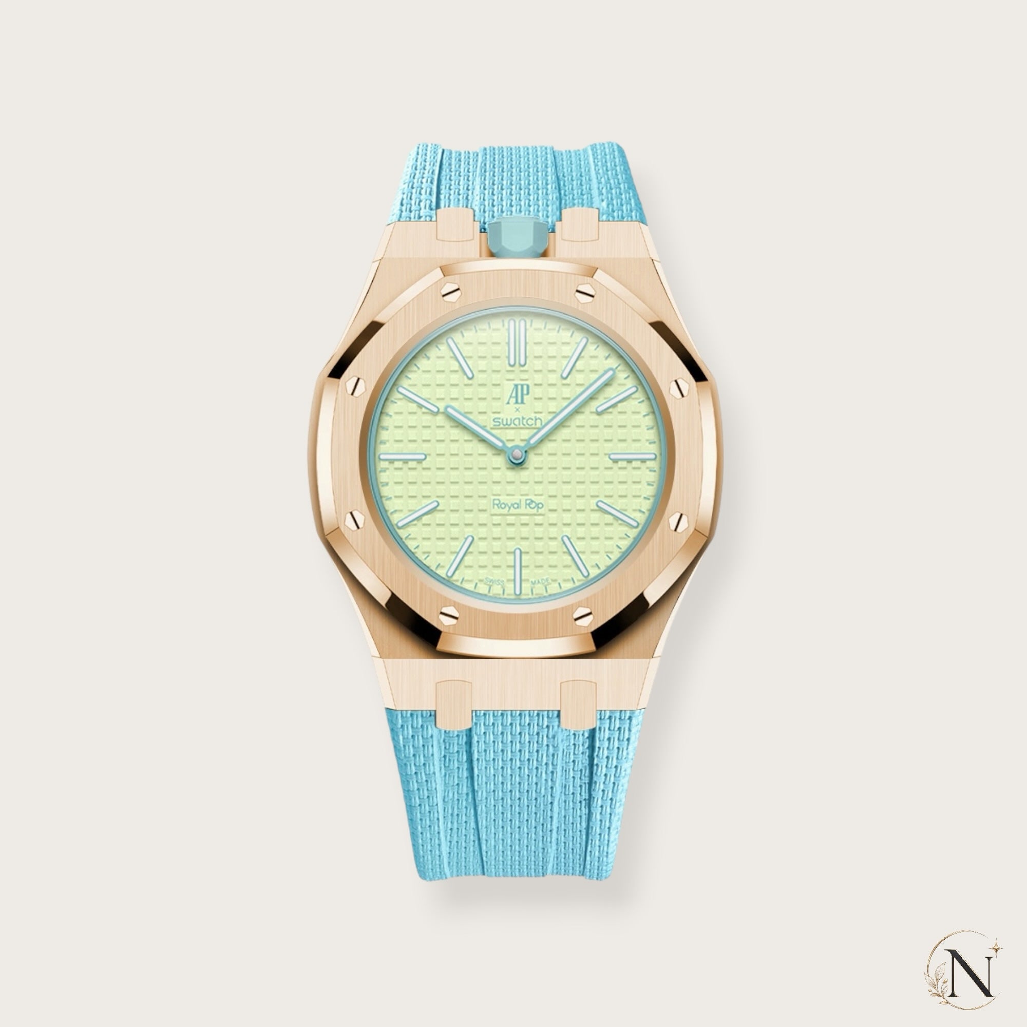 AP × Swatch ROYAL POP｜プレミアムステンレス×ラバー ローズゴールド×ブルー｜3時モデル