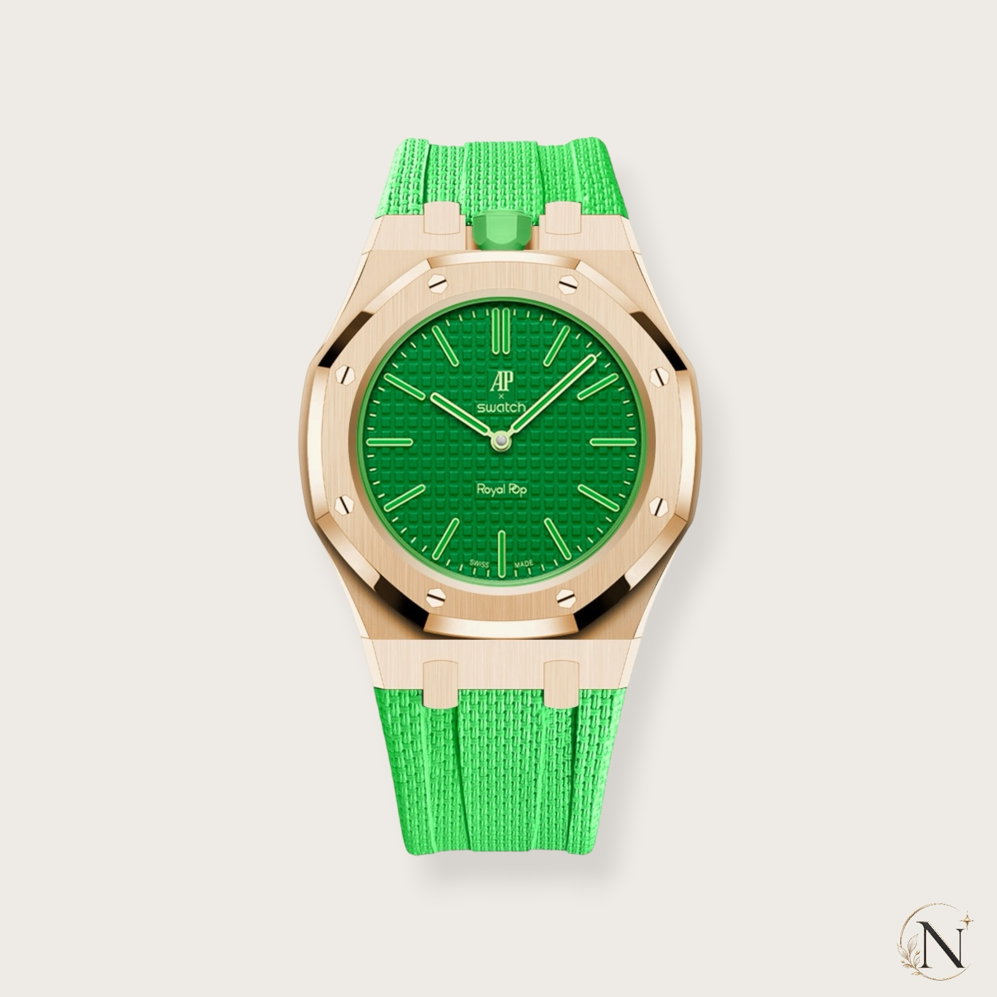 AP × Swatch ROYAL POP｜プレミアムステンレス×ラバー ローズゴールド×グリーン｜12時モデル
